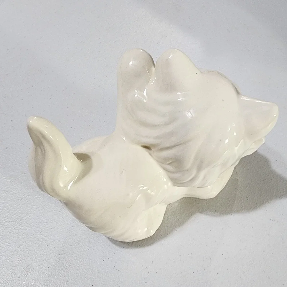 Vintage White Ceramic Kitten Figurine Playful Pouncing Cat Blue Eyes